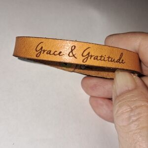 Tan Leather Strap Bracelet w/ Brass Tone Closure Engraved "Grace & Gratitude"